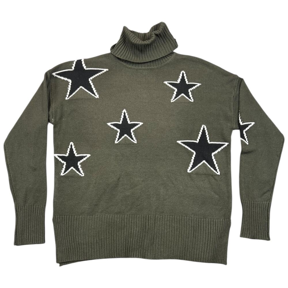 NWT Sweet Romeo Star Turtleneck Sweater Loden Green Black White Size S